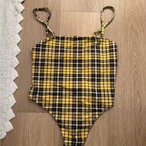 Frankie's Bikinis Yellow and Black Checkered Bodysuit